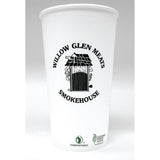 20 oz paper cup with black "Willow Glen Meats Smokehouse" logo and smokehouse image, with green "Compostable" symbol on bottom, standing on white background