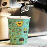 10 oz. Teal Full Wrap Recyclable Paper Cup displaying "Good Time", being used under a espresso machine.