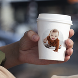 10 oz. white Multicolor Recyclable Paper Cup displaying a picture of a infant, posed with a hand.