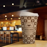 16 oz. Brown Multicolor Recyclable Paper Cup displaying "Coffee House", on a wooden table.