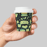 4 oz. Full Wrap Recyclable Paper Cup displaying "caffe", held in front of a white background.