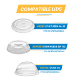 Compatible lids for 9, 12, 16, 20 and 24 oz plastic cups, including flat straw, strawless sip and dome lids, on white background