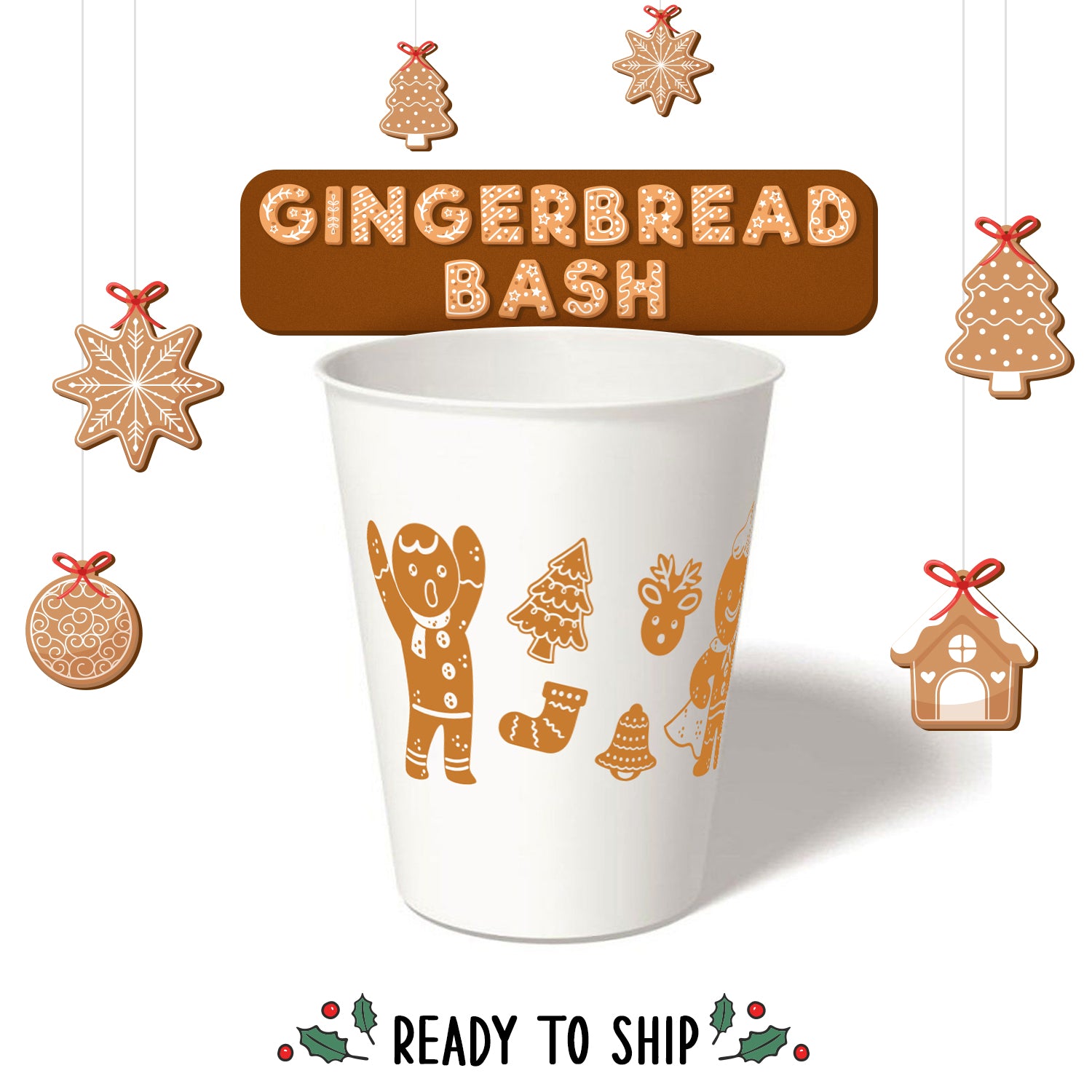 12 oz. Holiday Recyclable Paper Cup - Gingerbread Bash (Brown)