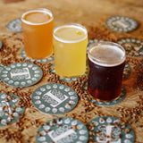 Several round green coasters on the table with white "T" logo, with thee beer glasses on them, with grain spread on a table around them