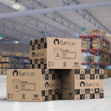 Three brown boxes with 12 oz plastic cups from The Cup Store, on white floor with warehouse shelving in background