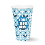 16 oz. blue and white Full Wrap Recyclable Paper Cup with "Your Logo Here" on white background.