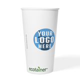 20 oz compostable paper cup with green bottom stripe and green "ecotainer" text, custom printed "Your Logo Here", on white background