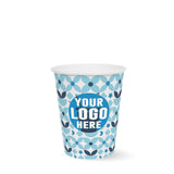 8 oz. blue and white Full Wrap Recyclable Paper Cup with "Your Logo Here" on white background.