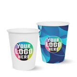 Two 8 oz. Multicolor Recyclable Paper Cup with "Your Logo Here" on white background.