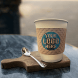 White, paper cup with Kraft Brown Coffee Sleeve displaying "Your logo here" resting on top a mini wood board, beside a spoon, on a blue marble table.