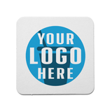 4" medium weight, white square coaster with "Your Logo Here" on white background