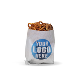 Regular Paper Sandwich Bag displaying "Your logo here", filled with pretzels, on a white background