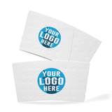 Two White Coffee Sleeves with "your logo here" on a white background