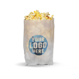 Large Paper Sandwich Bag displaying "Your logo here", filled with popcorn, on a white background