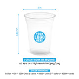 10 oz. custom printed recyclable plastic cup with ‘Your Logo Here’, showing measurements and artwork rules.