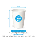 12 oz. custom printed recyclable paper cup with ‘Your Logo Here’, showing measurements and artwork rules.