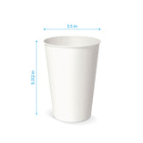 Blank 16 oz paper cup on white background showing measurements in inches