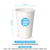 16 oz. custom printed recyclable paper cup with ‘Your Logo Here’, showing measurements and artwork rules.