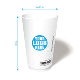 20 oz. custom printed premium double walled paper cup with ‘Your Logo Here’, showing measurements in inches