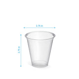 Blank 5 oz plastic cup on white background showing measurements in inches