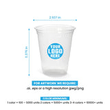 7 oz. custom printed compostable plastic cup with ‘Your Logo Here’, showing measurements and artwork rules.