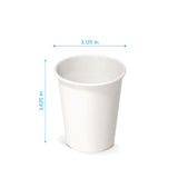 Blank 8 oz paper cup on white background showing measurements in inches