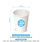 8 oz. custom printed recyclable paper cup with ‘Your Logo Here’, showing measurements and artwork rules.