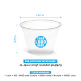 9 oz. custom printed recyclable plastic cup with ‘Your Logo Here’, showing measurements and artwork rules.