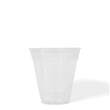 Blank 12 oz compostable plastic cup on white background.