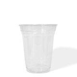 Blank 16 oz recyclable plastic cup on white background.