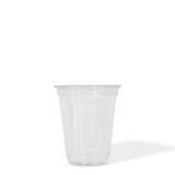 Blank 7 oz compostable plastic cup on white background.