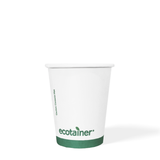 Blank 8 oz compostable paper cup with green "ecotainer" text and a green band, on white background.