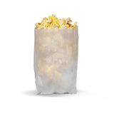 Blank White Large Paper Sandwich Bag, filled of popcorn, on a white background