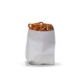 Blank White Regular Paper Sandwich Bag, filled of pretzels, on a white background