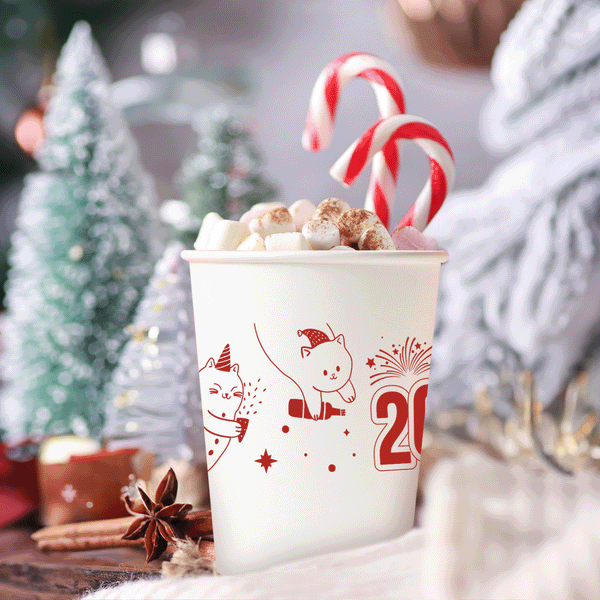 12 oz. Holiday Recyclable Paper Cup - Purring in the New Year (Red)