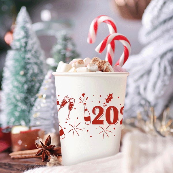 12 oz. Holiday Recyclable Paper Cup - Cheers 2024! (Red)