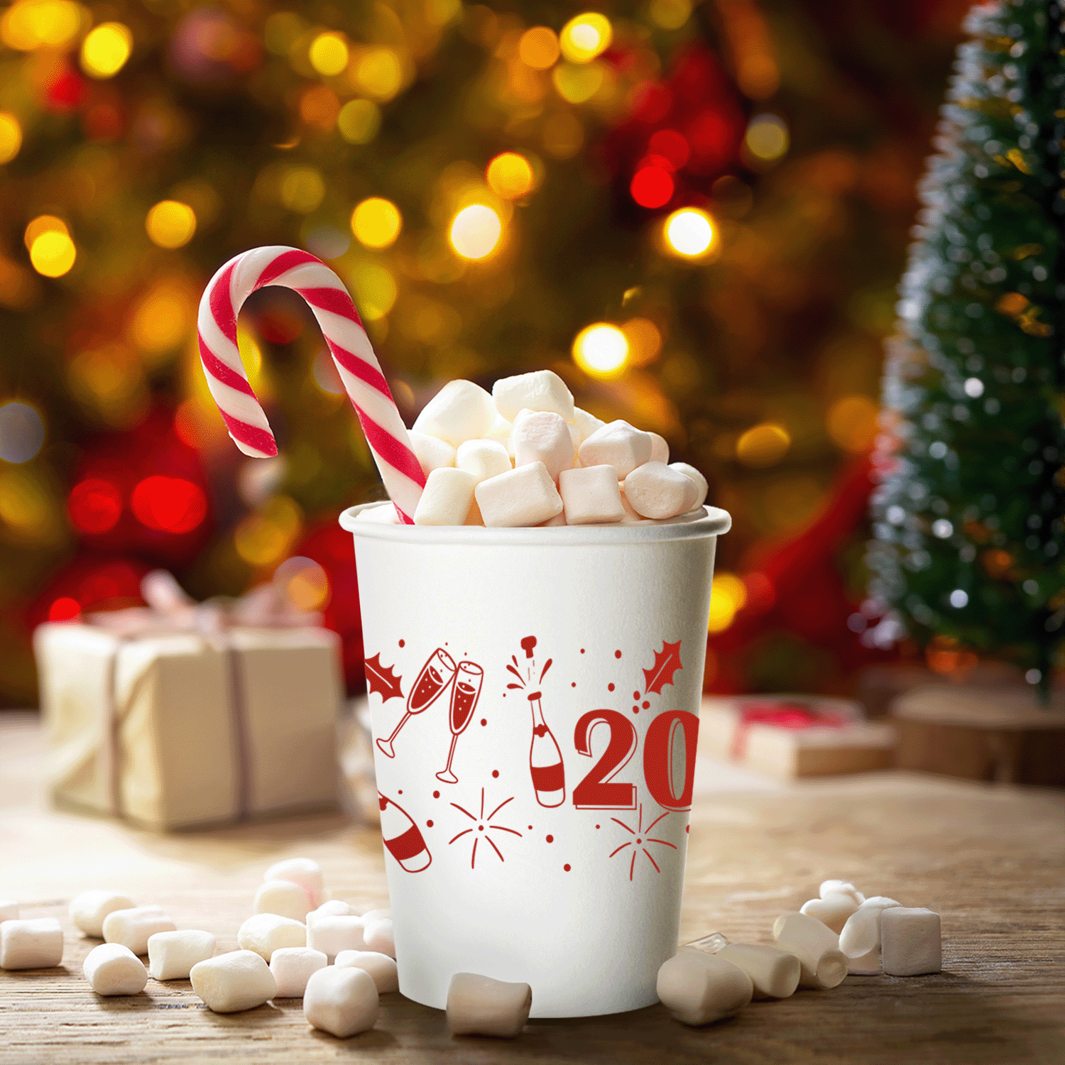 8 oz. Holiday Recyclable Paper Cup Cheers 2024! (Red) THE CUP STORE