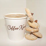 10 oz paper cup with "Coffee Xpress" logo, filled with milk tea, next to stacked cookies with almonds, on white background
