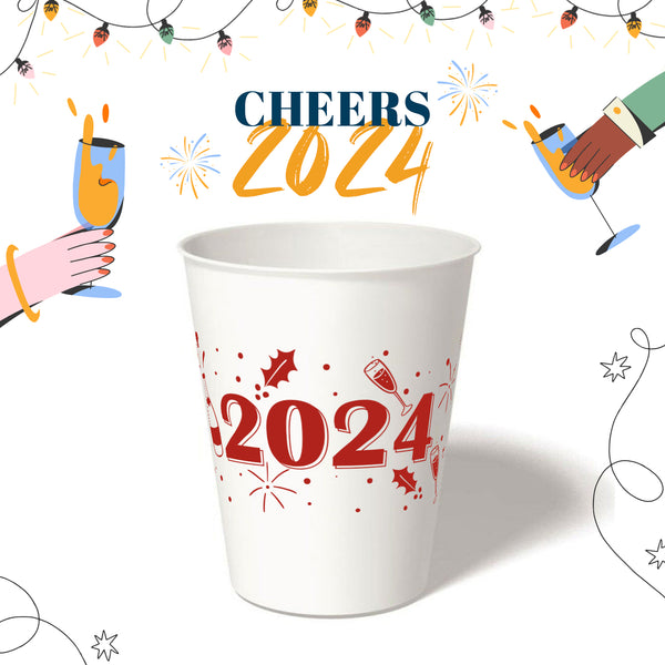 12 oz. Holiday Recyclable Paper Cup - Cheers 2024! (Red)