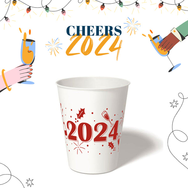 8 oz. Holiday Recyclable Paper Cup - Cheers 2024! (Red)