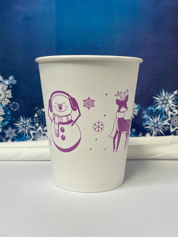 12 oz. Holiday Recyclable Paper Cup - Frozen Fauna (Purple) - THE CUP STORE
