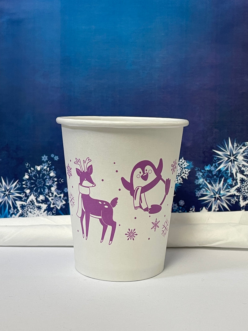 8 oz. Holiday Recyclable Paper Cup - Frozen Fauna (Purple) - THE CUP STORE