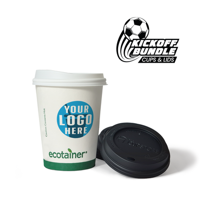 12 oz. Custom Printed Compostable Paper Cups with Black Dome Lids Bundle