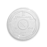 Clear compostable plastic flat straw lid with "greenware" text, on white background
