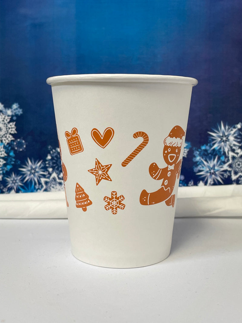 12 oz. Holiday Recyclable Paper Cup - Gingerbread Bash (Brown) - THE CUP STORE