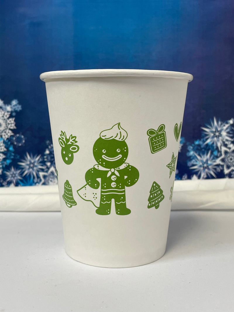 12 oz. Holiday Recyclable Paper Cup - Gingerbread Bash (Green) - THE CUP STORE