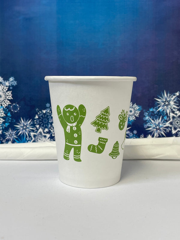 8 oz. Holiday Recyclable Paper Cup - Gingerbread Bash (Green) - THE CUP STORE