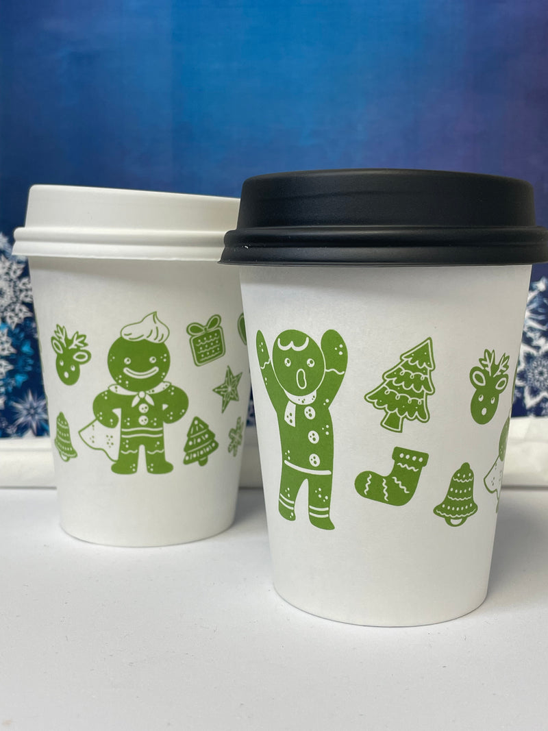8 oz. Holiday Recyclable Paper Cup - Gingerbread Bash (Green) - THE CUP STORE