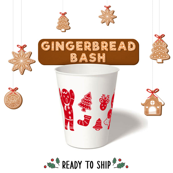8 oz. Holiday Recyclable Paper Cup - Gingerbread Bash (Red) - THE CUP STORE