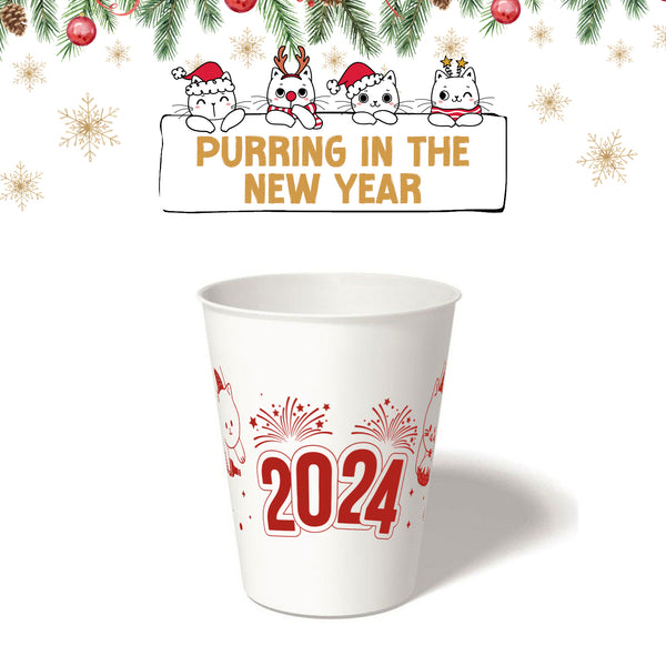 8 oz. Holiday Recyclable Paper Cup - Purring in the New Year (Red)